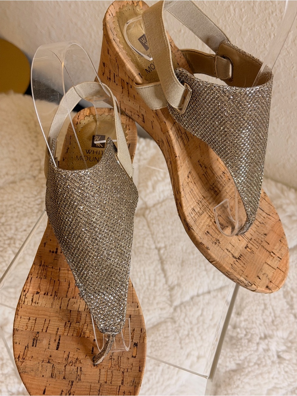White Mountain Pink and Silver Glitter Cork Wedge Thong Sandals - Picture 4 of 9